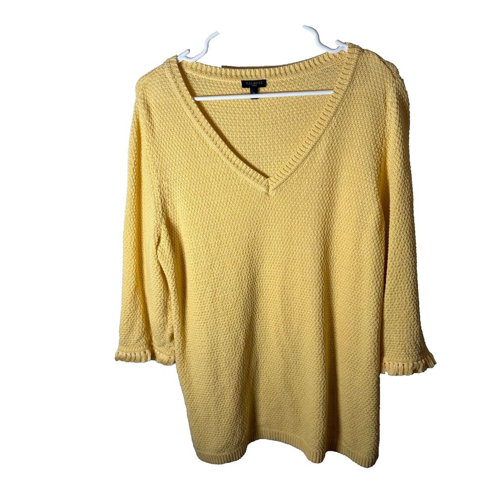 Talbots Sweater Women's 1X Yellow V-Neck 3/4 Sleeve Knit Pullover Solid Casual